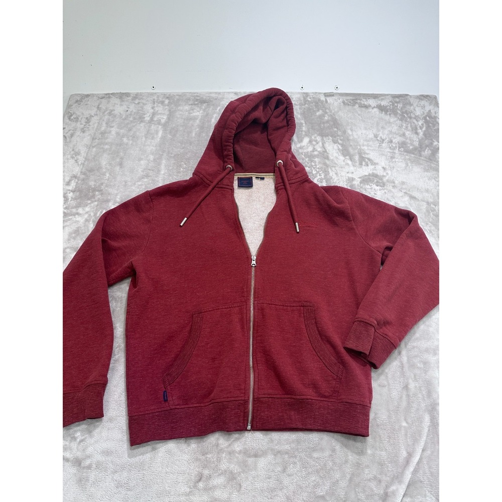 Superdry Hoodie Full Zip Mens Size 2XL Burgundy Red Sherpa Lined Drawstring Hood